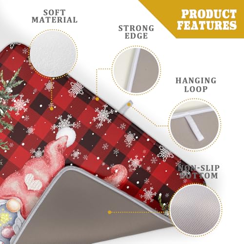 Winter Gnome Dish Drying Mat 18x24 inch Christmas Elf Trees Snowflakes Dish Drainer Mats Large Black Red Buffalo Plaids Fast Drying Dish Drying Pad for Kitchen Countertop Holiday Decor