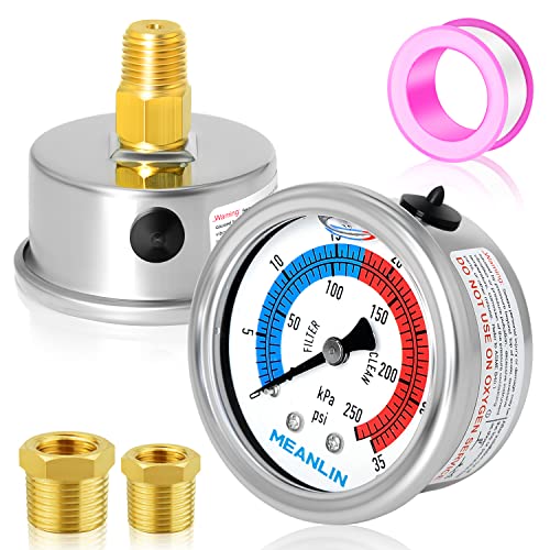 1/4" NPT 0-35psi Pressure Gauge, 2" Dial Glycerine Filled Pool Filter, 304 Stainless Steel Housing, Back Mount, with 1/2" NPT and 3/8" NPT Hex Bushing