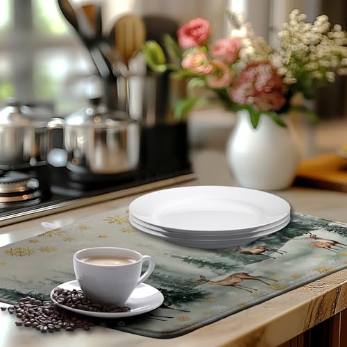 Winter Deer Snowflakes Dish Drying Mat Christmas Snow Forest Large Kitchen Mats Dish Drying Pad Absorbent Dish Dryer Mat for Kitchen Countertops Microfiber Drainer Pad Dish Drying Mats