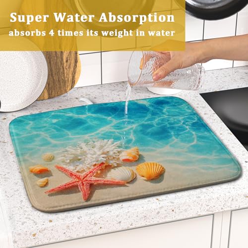 Coastal Starfish Dish Drying Mat 16"x18" Ocean Blue Sea Coral Seashell Dish Drainer Mats Nautical Beach Themed Decorative Reversible Dish Drying Pad for Kitchen Countertop Dining Room