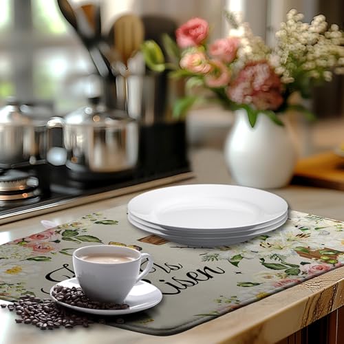 Easter He Is Risen Dish Drying Mats Spring Floral Dish Mat Easter Cross Drying Matt Dishes Dryer Pad for Kitchen Counter Absorbent Microfiber Washable Foldable Reusable 18x24 in
