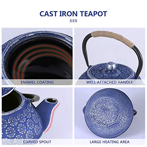 Blue Floral Cast Iron Teapot Set 28 oz Tea Kettle with 4 Cups