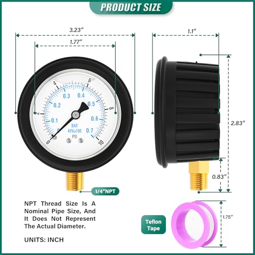 0 10PSI Stainless Steel Liquid Filled Pressure Gauge