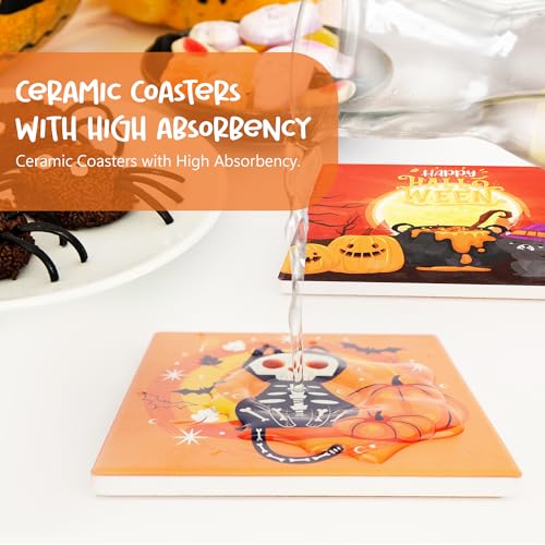 Halloween Coasters Absorbent Ceramic Coaster for Drinks with Black Holder and Cork Base Set of 4