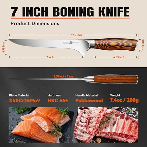 Boning Knife 7 inch Sharp Fillet Knife for Trimming Meat with Bones