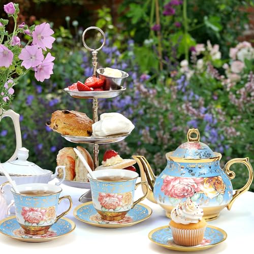 20 Pcs Porcelain Tea Set with Metal Holder (20 Count)