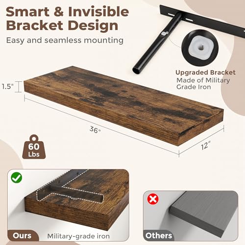 36 Inch Brown Floating Shelves for Wall (2 Count)