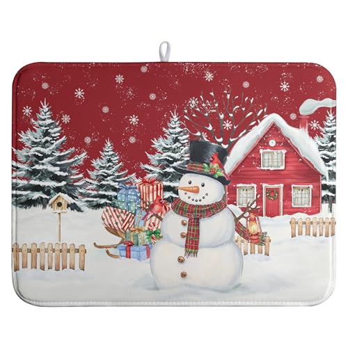 Christma Snowman Dish Drying Mat Winter Snowflake Large Kitchen Mats Dish Drying Pad Red Absorbent Dish Dryer Mat for Kitchen Countertops Microfiber Drainer Pad Dish Drying Mats