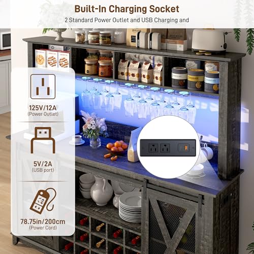 63"Wide 58"H Farmhouse Coffee Bar Cabinet with Power Outlet and LED Light