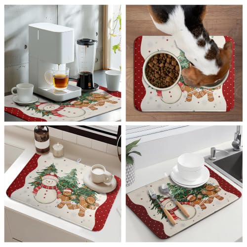 Winter Snowman Red Dish Drying Mats Christmas Gingerbread Man Dish Mat Drying Matt Xmas Tree Dishes Dryer Pad For Kitchen Counter Absorbent Microfiber Washable Foldable Reusable 18x24 In