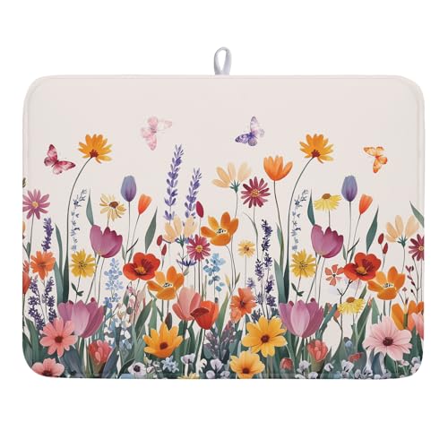 Spring Summer Flowers Dish Drying Mat for Kitchen Counter 18"x24" Colorful Floral Drying Mat Soft Absorbent Microfiber Farmhouse Fluttering Butterfly Dish Drainer Rack Mats for Counter tops