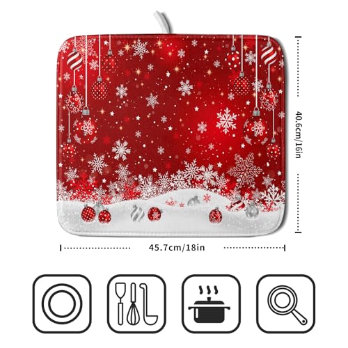 Xmas Balls Dish Drying Mat for Kitchen Countertop Winter Red White Snowflakes Dish Drainer Mats 16x18inch Reversible Dish Drying Rack Pad Protector for Dining Holiday New Year Decor