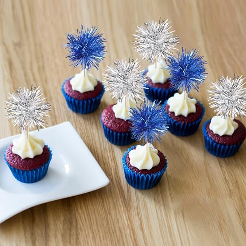 40 PCS Foil Firework Cupcake Toppers Sparkle Tinsel Cupcake Picks Fireworks Birthday Party Decorations Cocktail Fruit Toothpick for Birthday Wedding Graduation Party Decorations Supplies Silver Blue (40 Count)