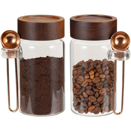 8oz Small Glass Spice Jar with Spoon Airtight Screw Wood Lid Clear Sugar Herb Container Food Storage Canisters Bottle for Seasoning Coffee Ground Bean Kitchen Tea Overnight Oats Bar