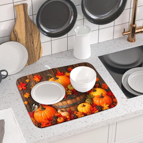 Autumn Dish Drying Mat for Kitchen Countertop Fall Pumpkin Maple Leaf Birds Dish Drainer Mats 16x18inch Rustic Wood Board Grain Dish Drying Rack Pad Protector for Dining Seasonal Decor