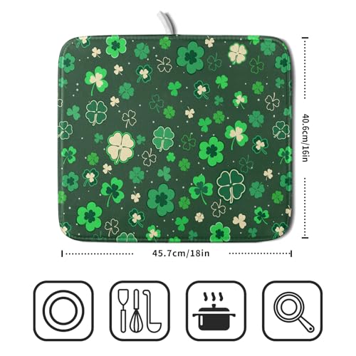 Happy St. Patrick's Day Dish Drying Mat for Kitchen Green Lucky Shamrock Clover Dish Drying Mat for Dishes Spring Irish Drying Mats 18x16 Inch Absorbent Reversible Dish Pad for Countertop Coffee Bar