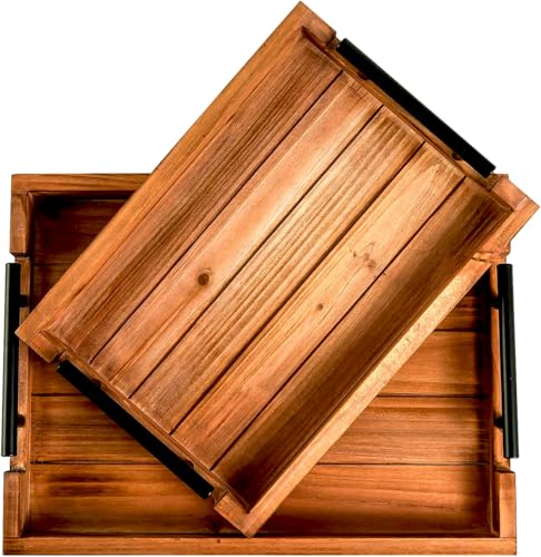 2Pc Nested Vintage Wooden Serving Tray Set