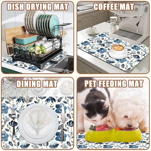 Blue Flowers Dish Drying Mat for Kitchen Counter Coffee Mat Hide Stain Absorbent Dish Drainer Rack Pad with Non