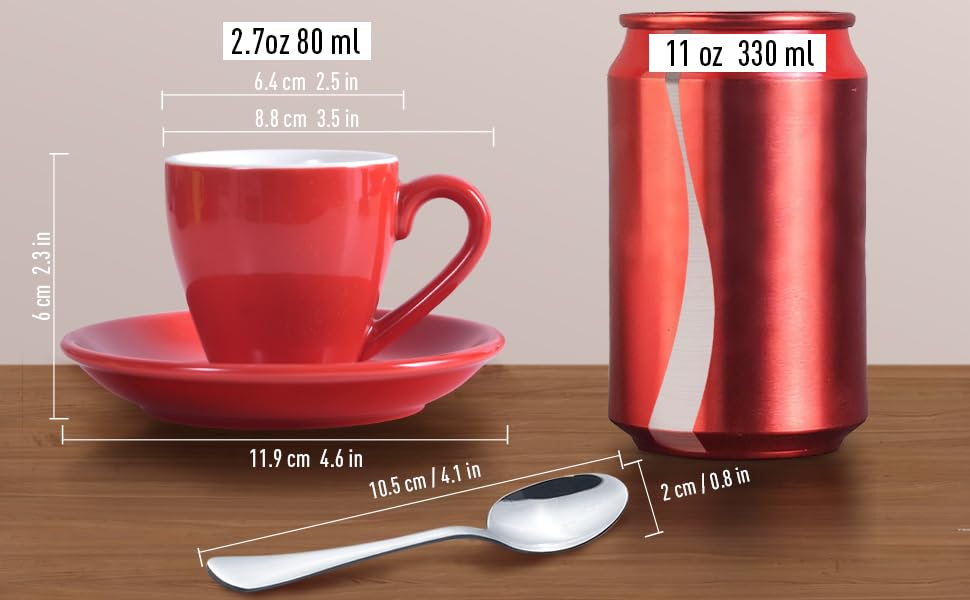 Porcelain Espresso Shot Cup Set with Saucers and Stainless Steel Spoons (4 Count)
