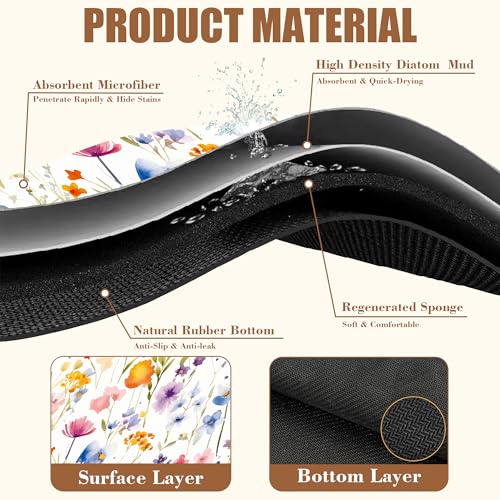 Watercolor Floral Meadow Coffee Mat Absorbent Dish Drying Mat for Kitchen Counter Hide Stain Rubber Backed Coffee Bar Accessories Fit Under Espresso Machine Dish Drainer