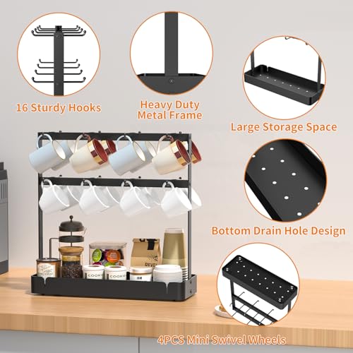 2 Tier Coffee Cup Holder with 16 Movable Hooks & Storage Basket