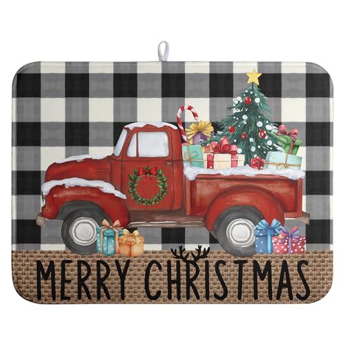 Merry Christmas Truck Dish Drying Mat Winter Large Kitchen Mats Dish Drying Pad Xmas Tree Absorbent Dish Dryer Mat for Kitchen Countertops Microfiber Drainer Pad Dish Drying Mats
