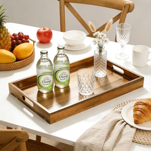 2 Pack 17 x 12 Inch Acacia Wood Serving Tray with Handles (2 Count)