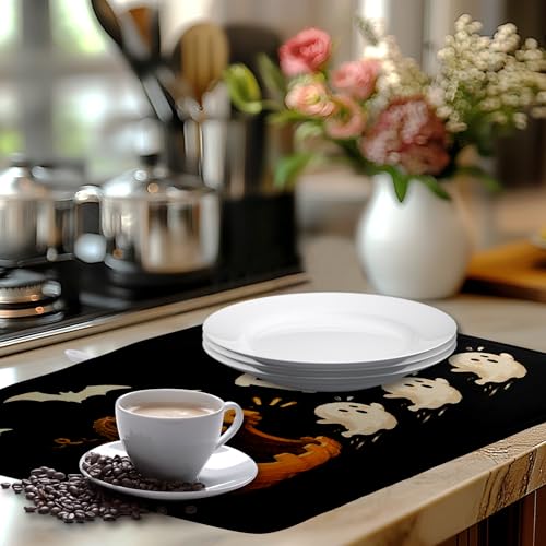 Halloween Ghost Dish Drying Mats Spooky Pumpkin Dish Mat Bat Drying Matt Dishes Dryer Pad for Kitchen Counter Absorbent Microfiber Washable Foldable Reusable 18x24 in