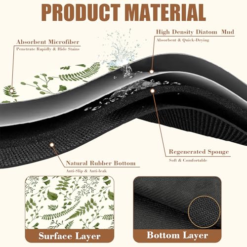 Green Leaf Coffee Mat Herb Dish Drying Mat for Kitchen Counter Hide Stain Rubber Backed Absorbent Coffee Bar Accessories Fit Under Espresso Machine Cafe Table