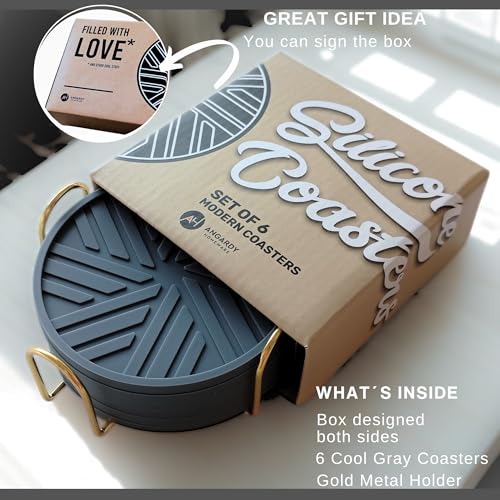 Silicone Coasters Set of 6 & Gold Holder with smart Modern Groove Patterns