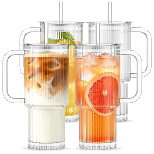 24 oz Ribbed Glass Tumbler with Handle & Lid
