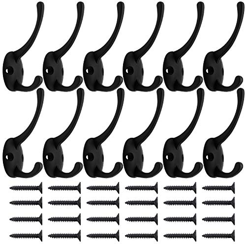 12 Pack Black Double Coat Hooks Wall Mounted with 24 Screws (12 Count)