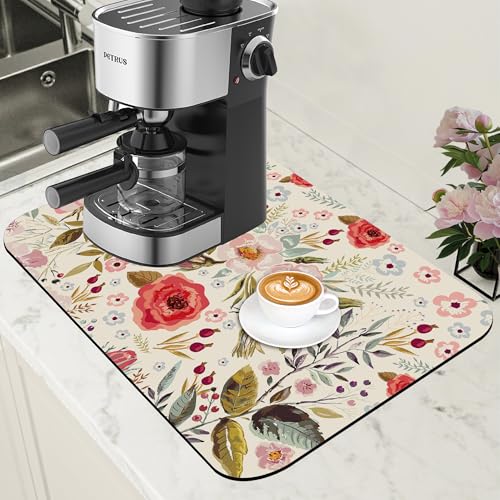 Vintage Flowers Coffee Mat Rose Berries Dish Drying Mat for Kitchen Counter Hide Stain Absorbent Rubber Backed Coffee Bar Accessories Fit Under Espresso Machine Dish Drainer