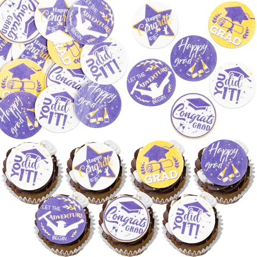 48Pcs 2026 Graduation Cupcake Toppers Wafer Paper Class of 2026 Cake Decorations Edible Congrats Grad Cupcake Picks for 2026 Graduation Theme Party Cake Supplies Gold Purple (48 Count)