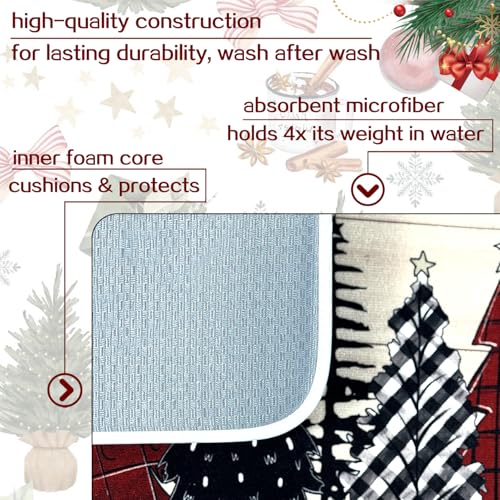 Christmas Tree Dish Drying Mat Buffalo Plaid Merry Christmas Absorbent Kitchen Drying Mat Polyester Dish Drying Pad for Kitchen Counter Farmhouse Coffee Bar Decor