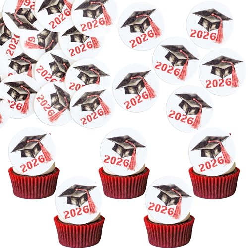 48Pcs Edible 2026 Graduation Cap Cupcake Toppers Wafer Paper Class of 2026 Grad Cap Cupcake Picks for 2026 Graduation Theme Party Cake Decorations Supplies Red (48 Count)