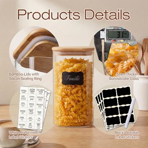 42 oz & 27 oz Square Glass Food Storage Containers with Bamboo Lids (4 Count)