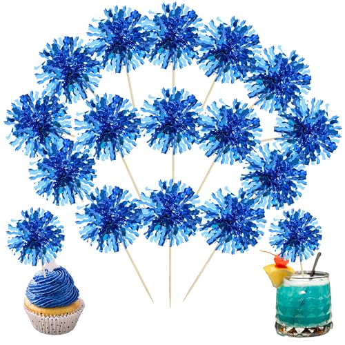 30Pcs Foil Firework Cupcake Toppers Blue Tinsel Flower Drink Stirrers Cocktail Food Fruit Cake Toppers for Valentine's Day Party Decorations Blue (30 Count)