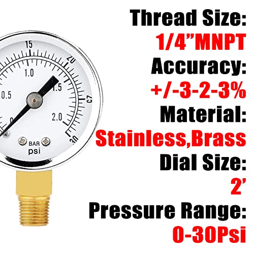 1 4" NPT 30Psi Steel Economical All Purpose Pressure Gauge with Brass Internals 2" Dial Display Bottom Mount