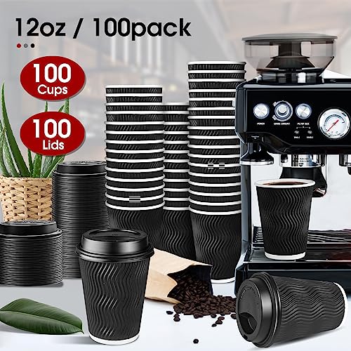 100 Pack 12 oz Disposable Insulated Coffee Cups with Lids (100 Count)