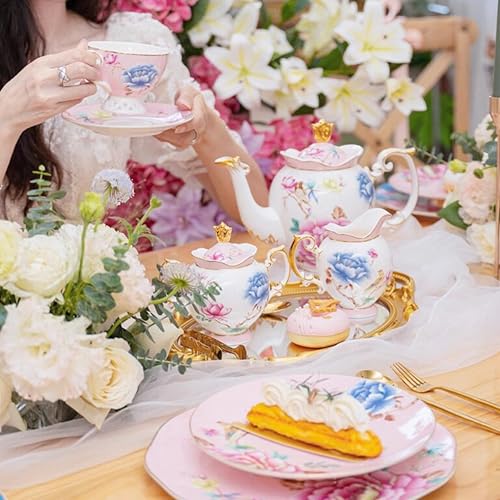 Pink Floral Porcelain Tea Set with 6 Cups and Saucers
