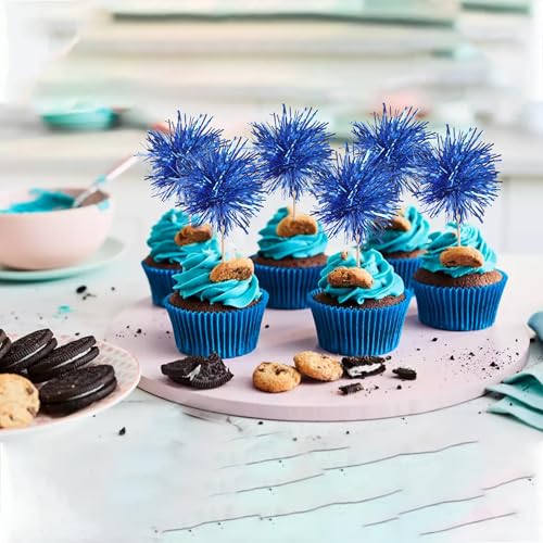 40 PCS Foil Firework Cupcake Toppers Sparkle Tinsel Cupcakae Picks Sparkler Fireworks Party Decorations Cocktail Fruit Toothpick for Birthday Wedding Graduation Party Decorations Supplies Dark Blue (40 Count)