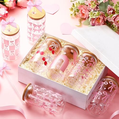 12 Pack Pink Bow Glass Cups with Lids and Straws 16 oz (12 Count)