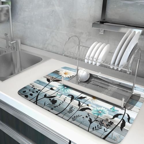 Blue White Daisy Floral Dish Drying Mat for Kitchen Counter