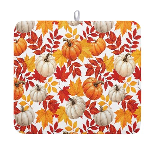 Fall Pumpkin Dish Drying Mat for Kitchen Counter 16x18 Inch Autumn Pumpkins Maple Leaves Drying Mats Thanksgiving Absorbent Reversible Dish Pad Fast Dry Drainer Mat Protector for Countertop Coffee Bar