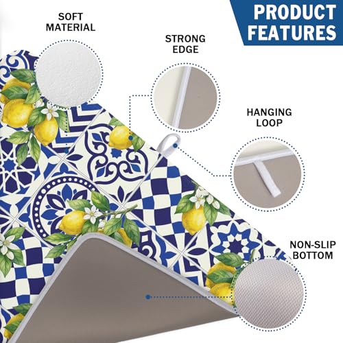 Lemon and Blue Tile Dish Drying Mat 18x24 Inch Absorbent Reversible Mexican Tilt Drying Mat Blue White Italy Lemons Dish Drying Rack Mat Summer Themed Dish Drainer Mat for Kitchen Counter Coffee Bar