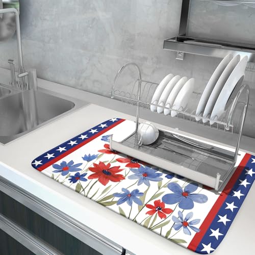 4th of July Flower Dish Drying Mat 18"x24" Independence Day Stars Dish Drainer Mats Watercolor Patriotic Floral Microfiber Dish Drying Rack Pad for Kitchen Countertop Large Decor