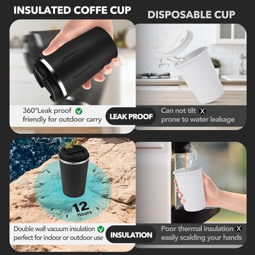 12 oz Double Wall Insulated Vacuum Travel Coffee Mugs with Flip Lid Bulk 2 Pack (2 Count)