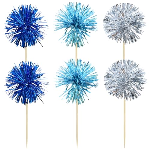 30Pcs Foil Firework Cupcake Toppers Sparkle Tinsel Cake Toppers Tinsel Drink Cake Decoration Cocktail Picks for Birthday Wedding Graduation Party Supplies Blue Silver (30 Count)