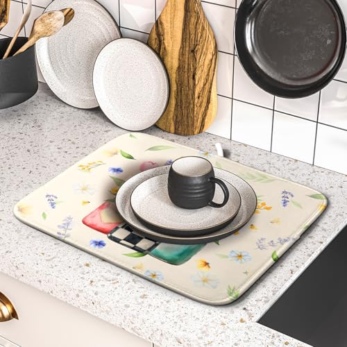 Spring Flower Vases Dish Drying Mat for Countertop